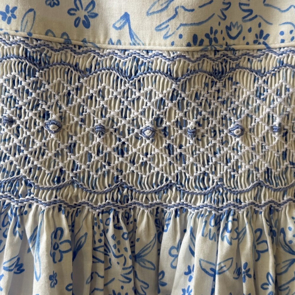 Classic Blue Bunny Toile Floral Smocked Dress - Picture 2 of 5